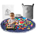 Portable Toy Storage Basket & Play Mat with Pocket Label - 9.3 Gallon Toy Organizer - Leather Handles, 60" Playmat - Toy Bag for Boys & Girls, Playroom, Grey