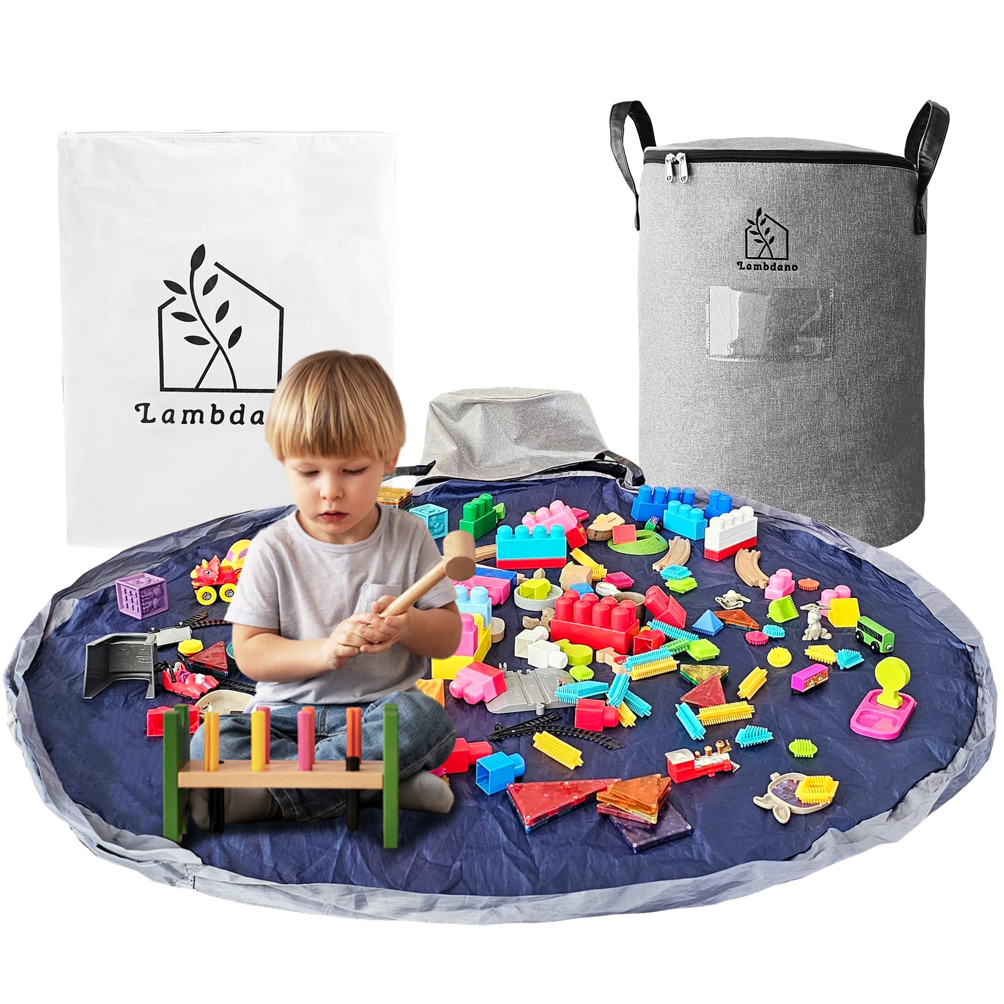 Portable Toy Storage Basket & Play Mat with Pocket Label - 9.3 Gallon Toy Organizer - Leather Handles, 60" Playmat - Toy Bag for Boys & Girls, Playroom, Grey