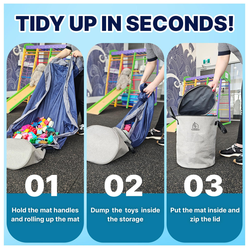 Portable Toy Storage Basket & Play Mat with Pocket Label - 9.3 Gallon Toy Organizer - Leather Handles, 60" Playmat - Toy Bag for Boys & Girls, Playroom, Grey