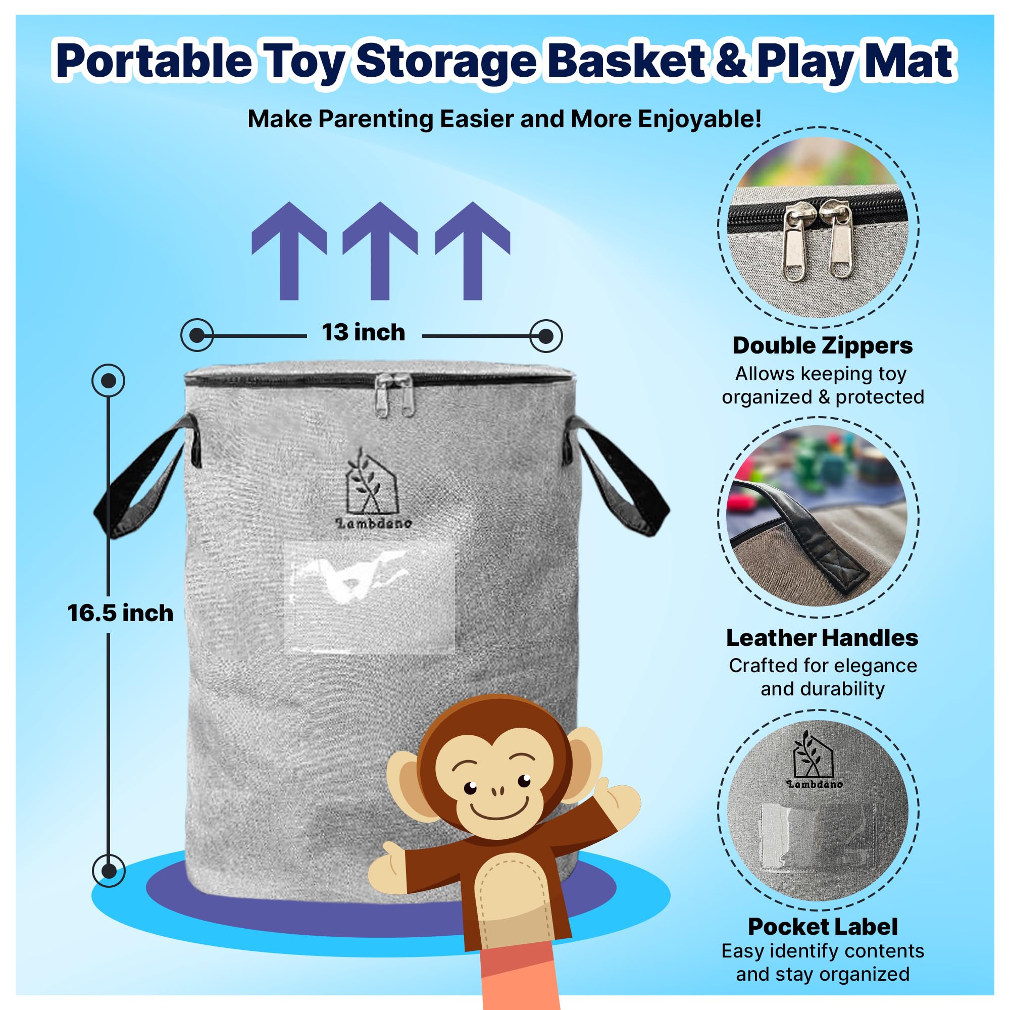 Portable Toy Storage Basket & Play Mat with Pocket Label - 9.3 Gallon Toy Organizer - Leather Handles, 60" Playmat - Toy Bag for Boys & Girls, Playroom, Grey