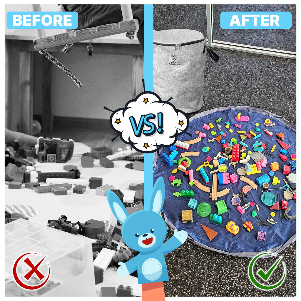 Portable Toy Storage Basket & Play Mat with Pocket Label - 9.3 Gallon Toy Organizer - Leather Handles, 60" Playmat - Toy Bag for Boys & Girls, Playroom, Grey