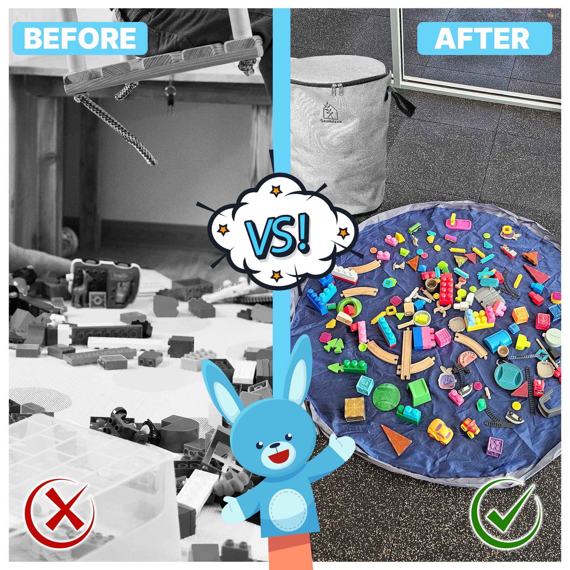 Portable Toy Storage Basket & Play Mat with Pocket Label - 9.3 Gallon Toy Organizer - Leather Handles, 60" Playmat - Toy Bag for Boys & Girls, Playroom, Grey