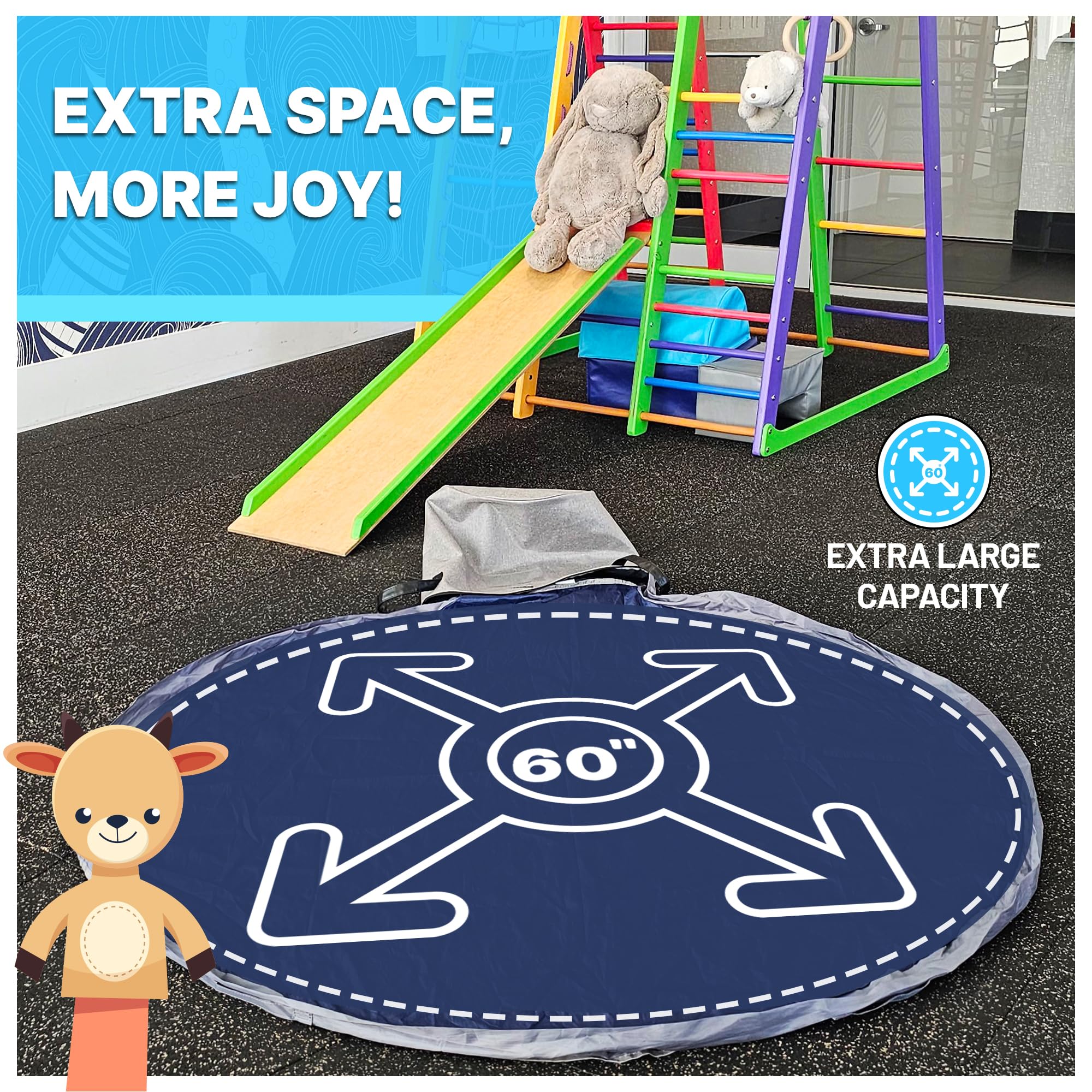 Portable Toy Storage Basket & Play Mat with Pocket Label - 9.3 Gallon Toy Organizer - Leather Handles, 60" Playmat - Toy Bag for Boys & Girls, Playroom, Grey