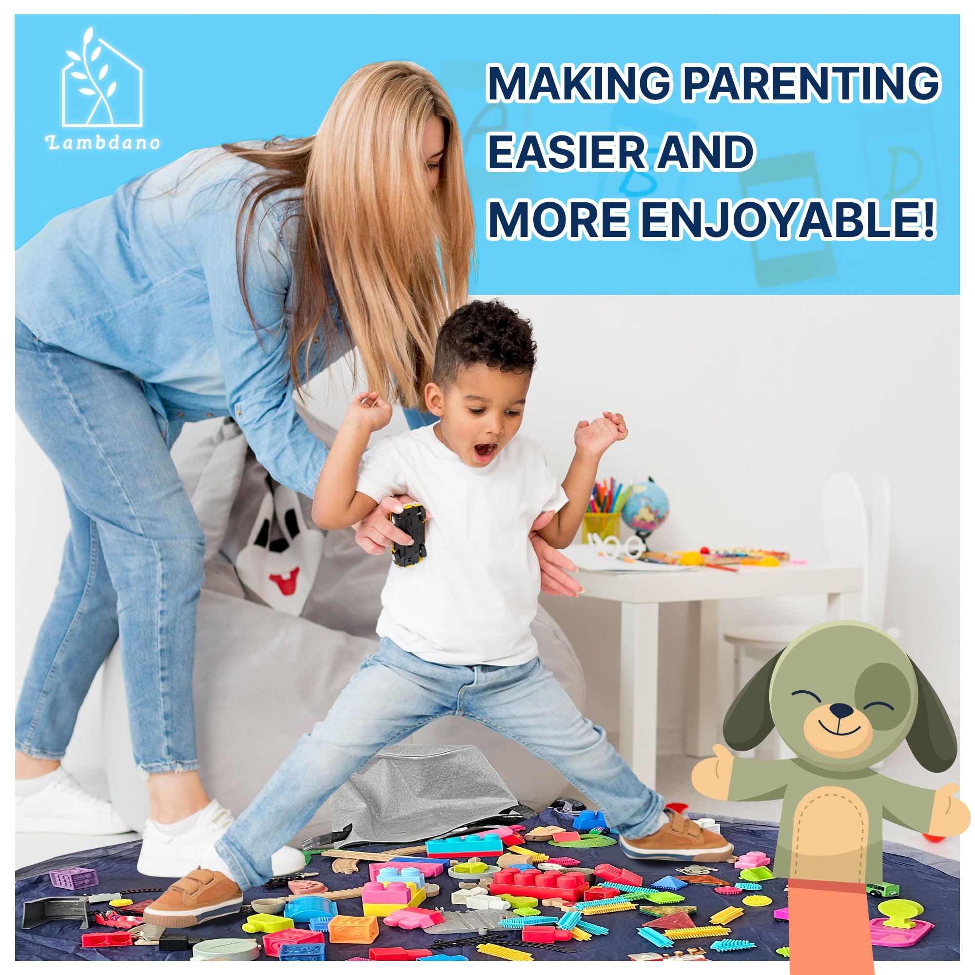 Portable Toy Storage Basket & Play Mat with Pocket Label - 9.3 Gallon Toy Organizer - Leather Handles, 60" Playmat - Toy Bag for Boys & Girls, Playroom, Grey