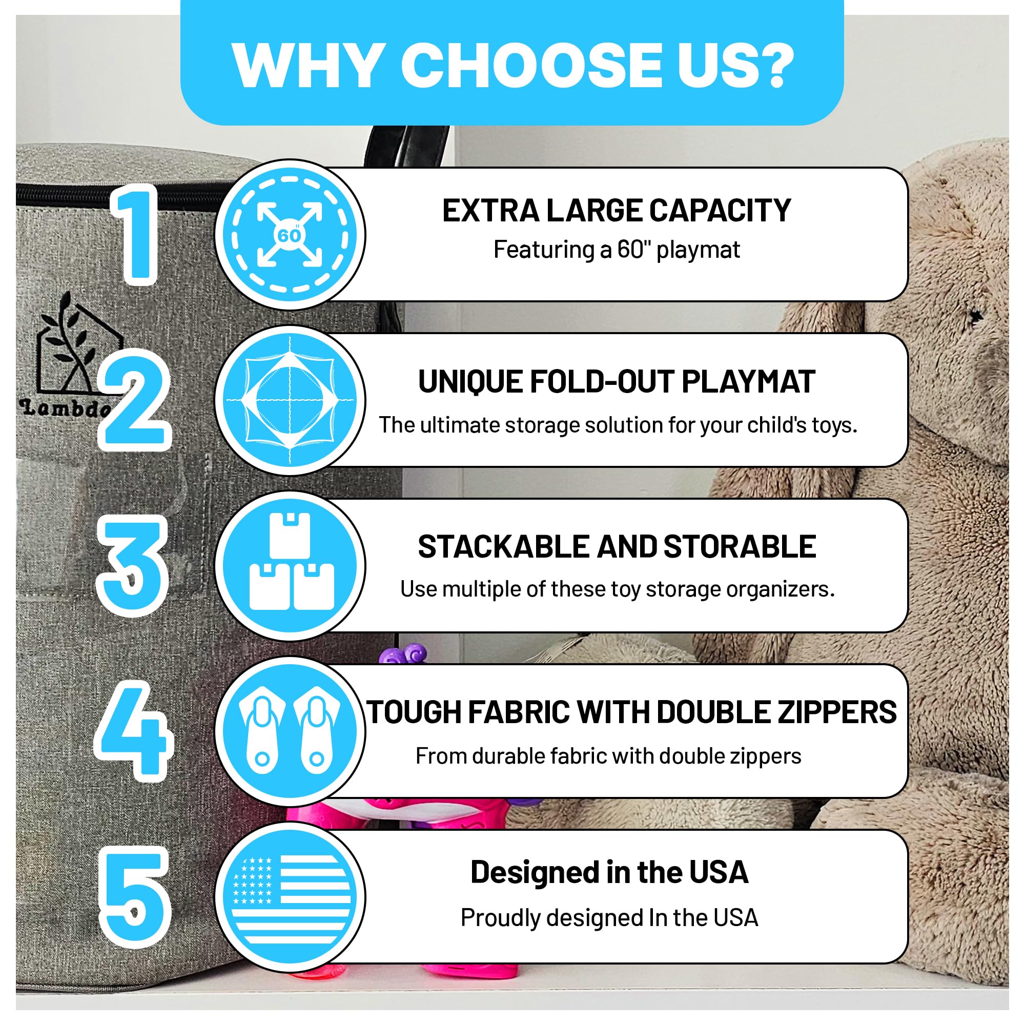 Portable Toy Storage Basket & Play Mat with Pocket Label - 9.3 Gallon Toy Organizer - Leather Handles, 60" Playmat - Toy Bag for Boys & Girls, Playroom, Grey